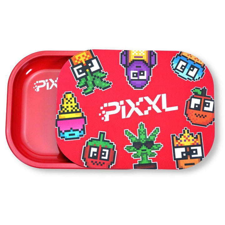 PIXXL FAM Rolling Tray with Magnetic Lid featuring vibrant pixel art designs of fruits and plants on a red background. Ideal for organizing smoking essentials.