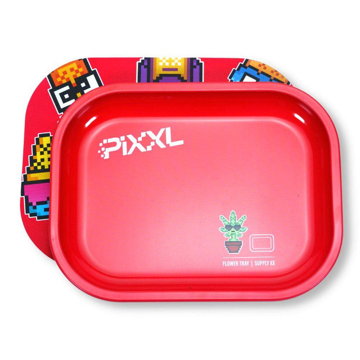 PIXXL FAM Rolling Tray with Magnetic Lid in vibrant red, featuring pixel art designs. Ideal for organizing smoking essentials.