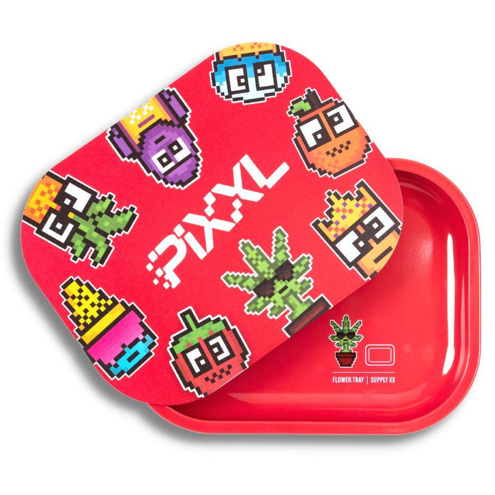 PIXXL FAM Rolling Tray with Magnetic Lid featuring a vibrant red design with pixelated characters, ideal for organizing smoking essentials.