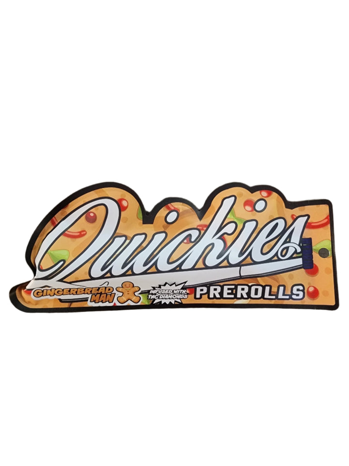 Quickies cannabis infused preroll packaging featuring gingerbread man flavor with festive holiday-themed design and bold branding.