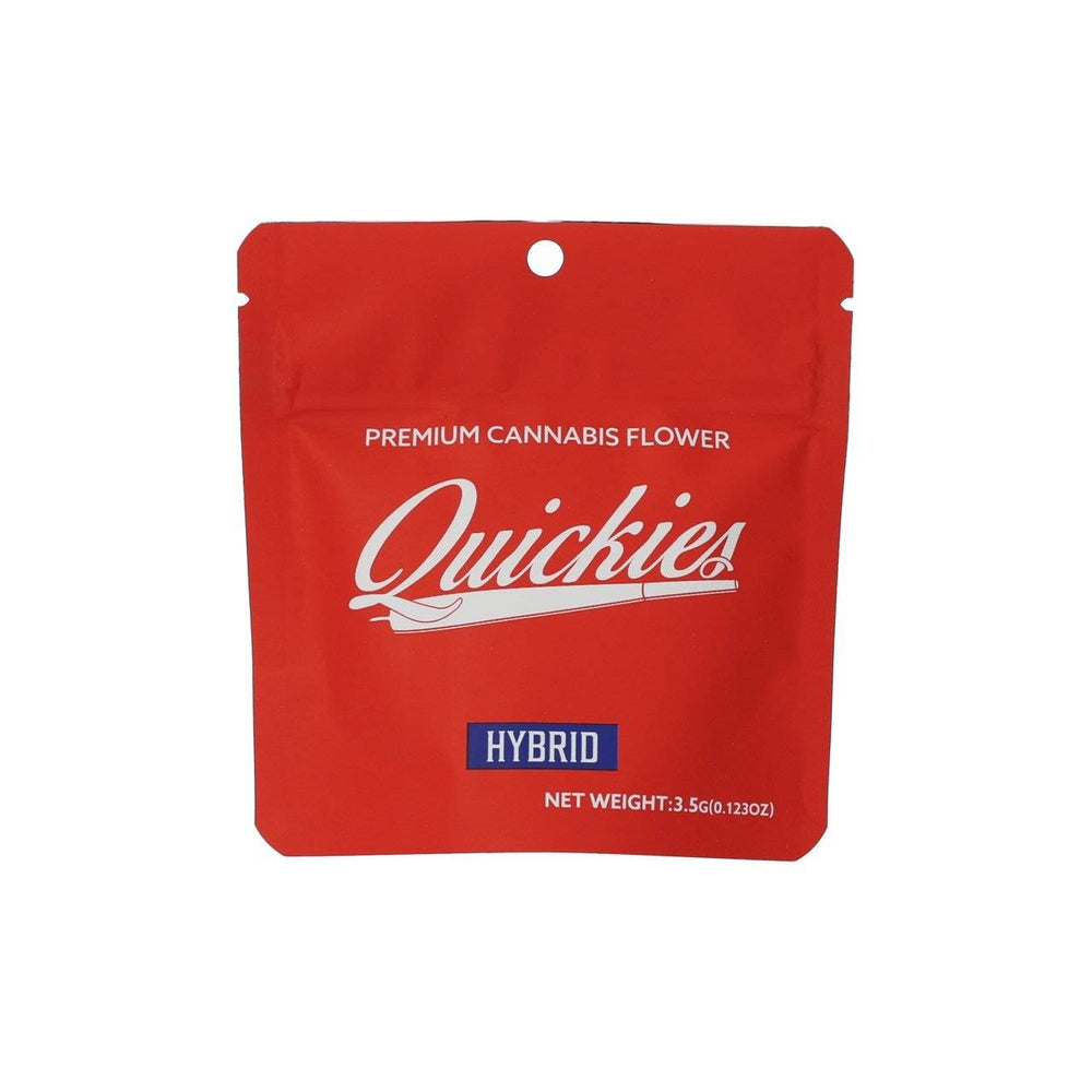 Quickies 1 Oz Premium Flower HYBRID cannabis flower packaging in red, labeled with 'Premium Cannabis Flower' and 'Hybrid' for high-quality relaxation.