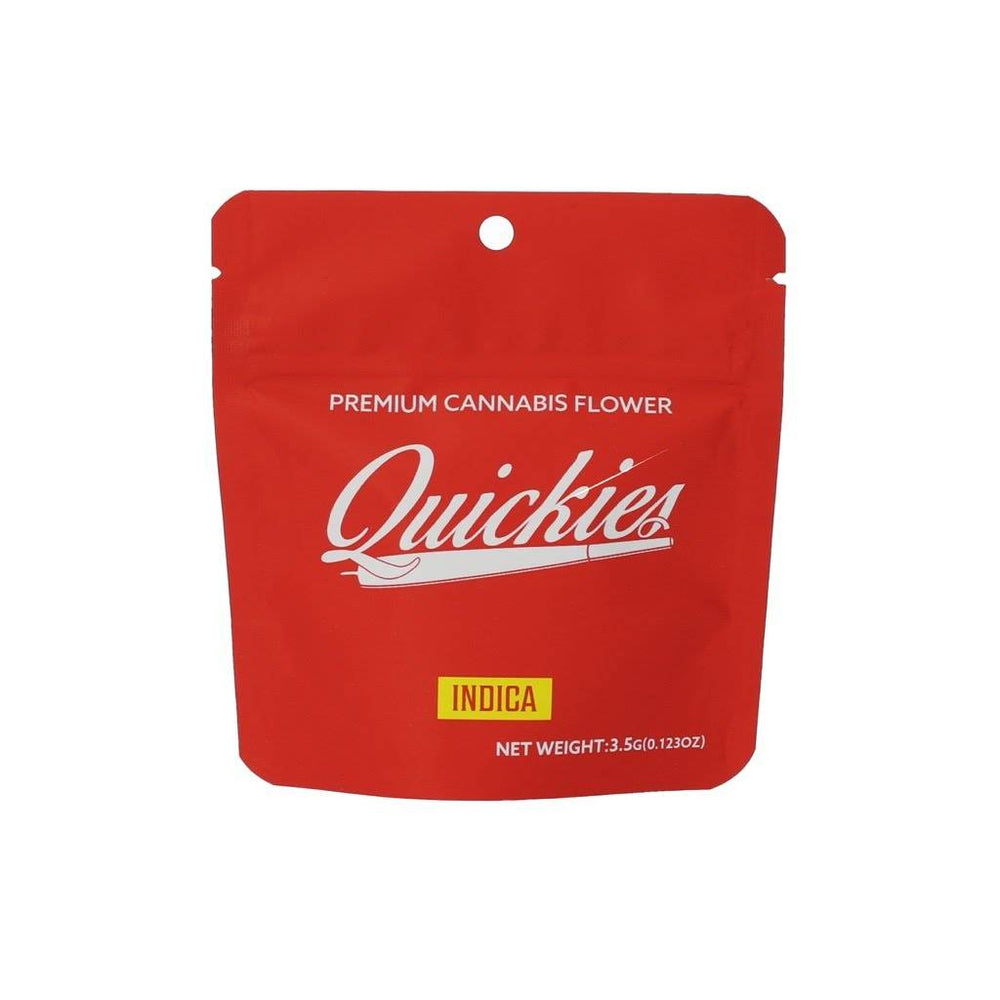 Quickies 1 Oz Premium Flower INDICA in a red resealable pouch. Premium cannabis flower with Indica strain for stress relief and better sleep.