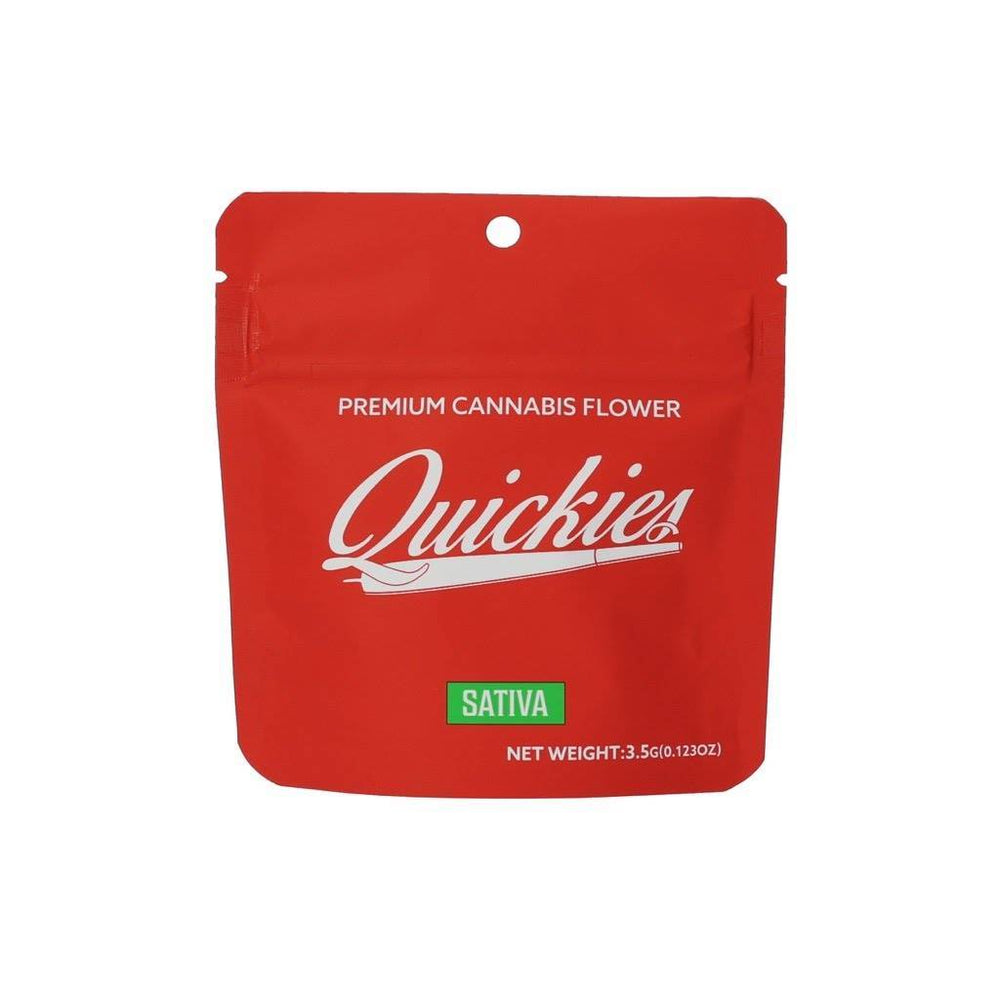 Quickies Premium Flower SATIVA in a red resealable pouch, labeled as premium cannabis flower with 3.5g net weight.